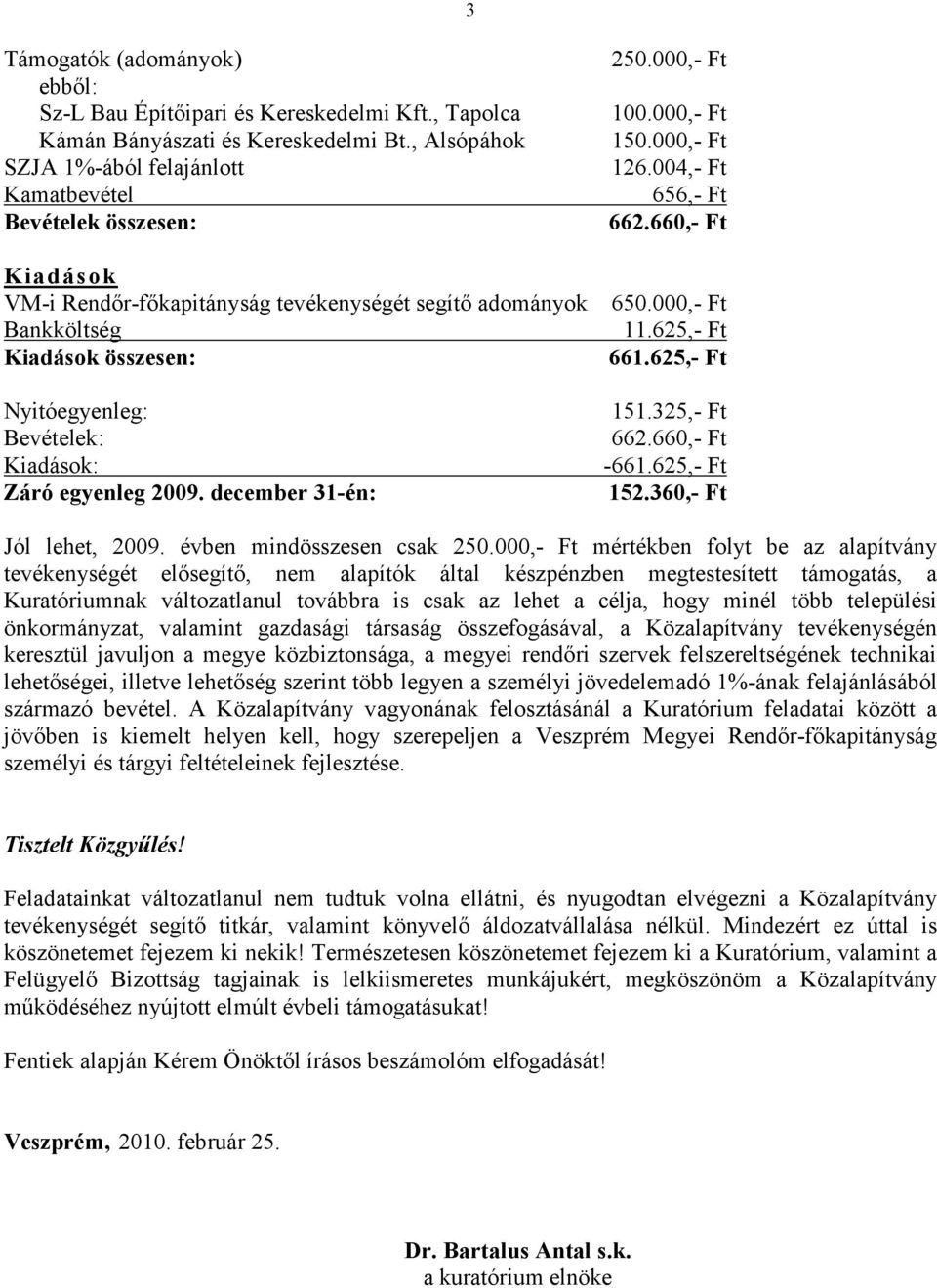 625,- Ft Nyitóegyenleg: Bevételek: Kiadások: Záró egyenleg 2009. december 31-én: 151.325,- Ft 662.660,- Ft -661.625,- Ft 152.360,- Ft Jól lehet, 2009. évben mindösszesen csak 250.