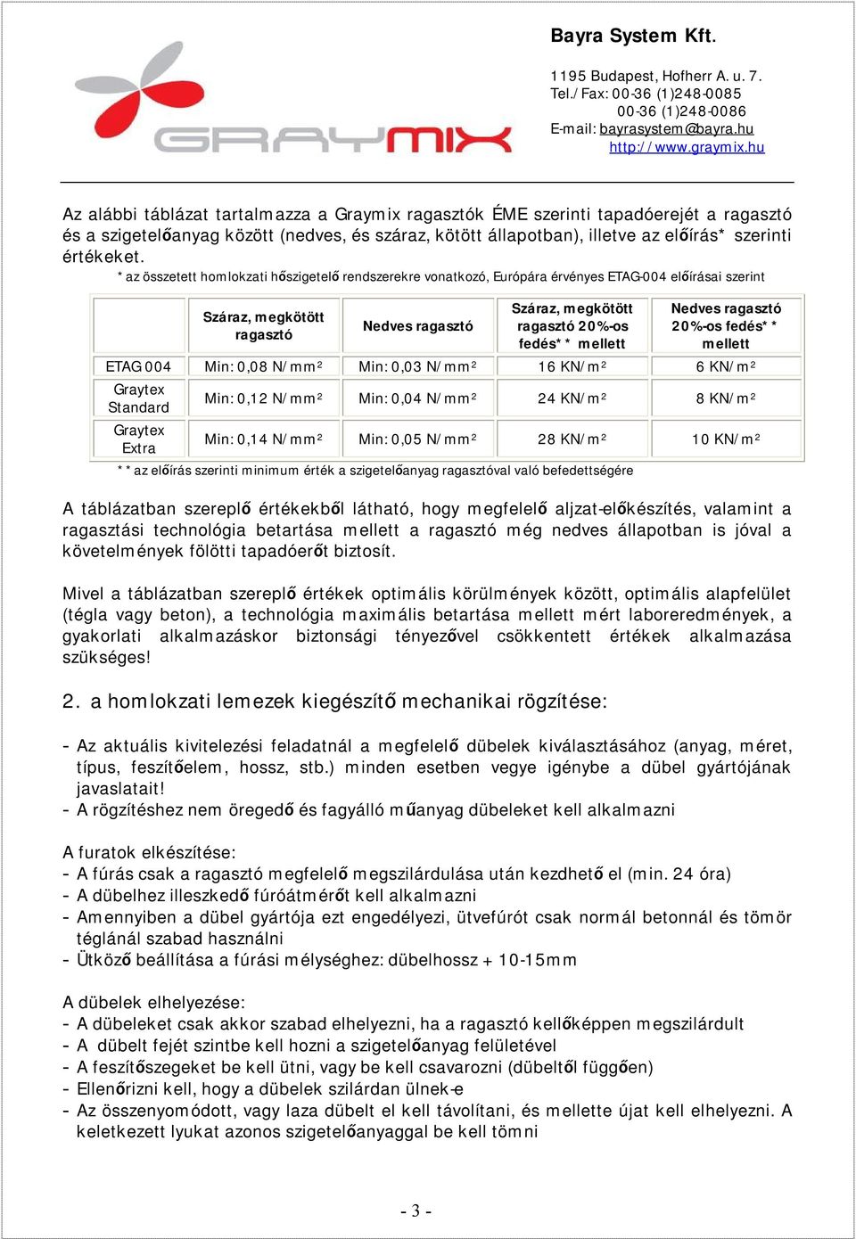 **az előírás szerinti minimum érték a szigetelőanyag ragasztóval való befedettségére A táblázatban szereplő értékekből látható, hogy megfelelő aljzat-előkészítés, valamint a ragasztási technológia