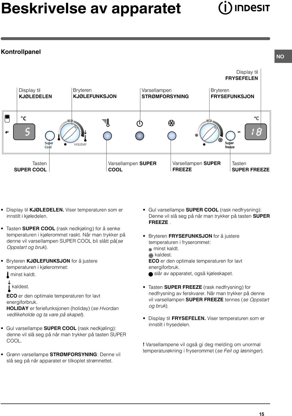 Tasten SUPER COOL (rask nedkjøling) for å senke temperaturen i kjølerommet raskt. Når man trykker på denne vil varsellampen SUPER COOL bli slått på(se Oppstart og bruk).