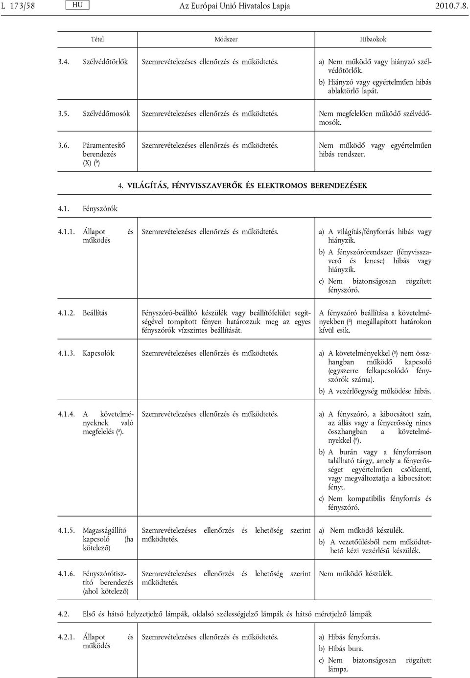 Fényszórók 4.1.1. Állapot és működés a) A világítás/fényforrás hibás vagy hiányzik. b) A fényszórórendszer (fényvisszaverő és lencse) hibás vagy hiányzik. c) Nem biztonságosan rögzített fényszóró. 4.1.2.