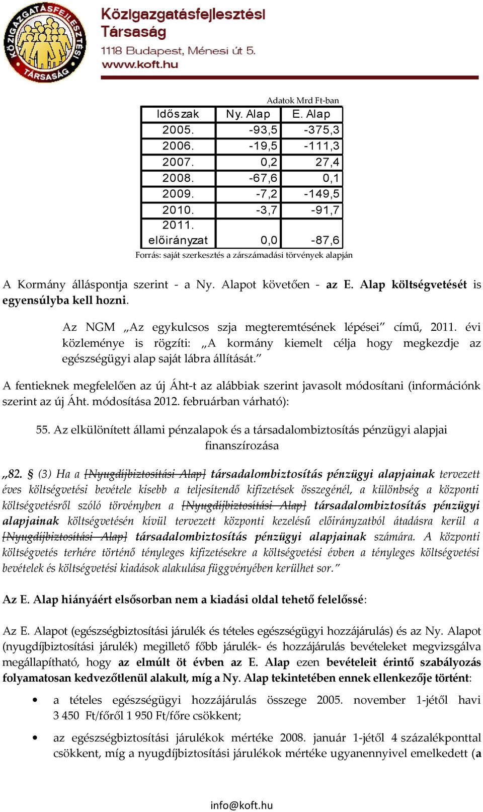 Az NGM Az egykulcsos szja megteremtésének lépései című, 2011. évi közleménye is rögzíti: A kormány kiemelt célja hogy megkezdje az egészségügyi alap saját lábra állítását.