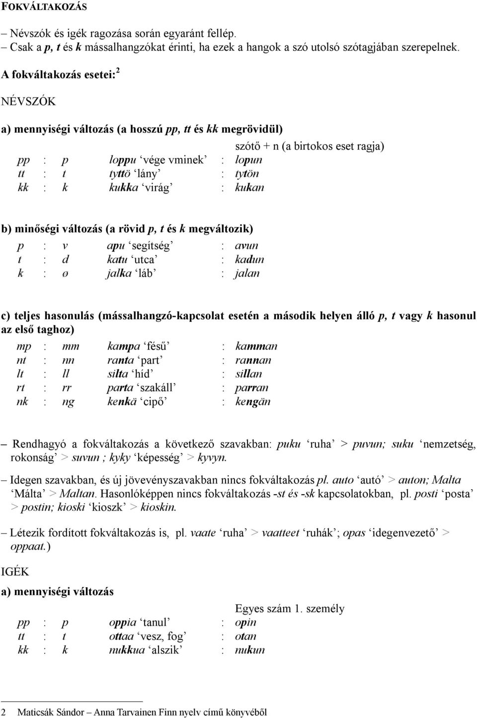 virág : kukan b) minőségi változás (a rövid p, t és k megváltozik) p : v apu segítség : avun t : d katu utca : kadun k : ø jalka láb : jalan c) teljes hasonulás (mássalhangzó-kapcsolat esetén a