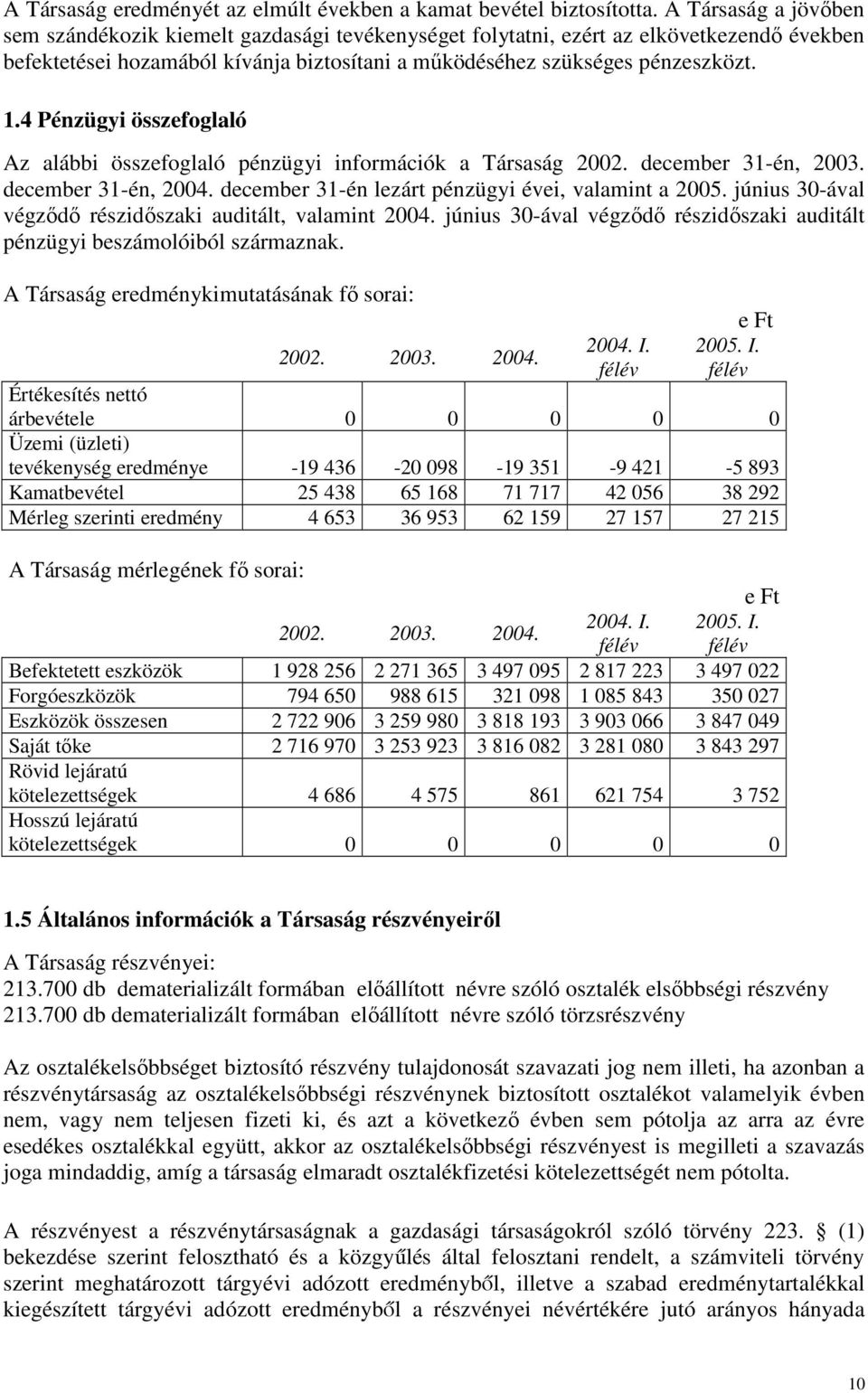 4 Pénzügyi összefoglaló Az alábbi összefoglaló pénzügyi információk a Társaság 2002. december 31-én, 2003. december 31-én, 2004. december 31-én lezárt pénzügyi évei, valamint a 2005.