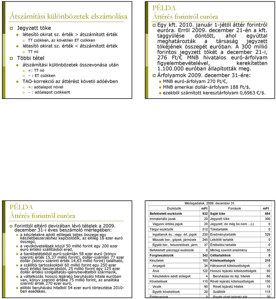Áttérés forintról euróra Egy kft. 2010. január 1-jétől áttér forintról euróra. Erről 2009. december 21-én a kft.