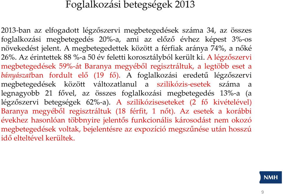A légzőszervi megbetegedések 59%-át Baranya megyéből regisztráltuk, a legtöbb eset a bányászatban fordult elő (19 fő).