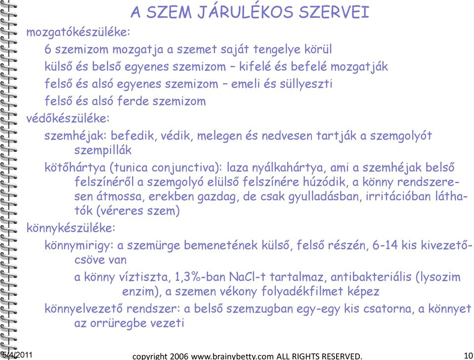 szemhéjak belső felszínéről a szemgolyó elülső felszínére húzódik, a könny rendszeresen átmossa, erekben gazdag, de csak gyulladásban, irritációban láthatók (véreres szem) könnykészüléke: