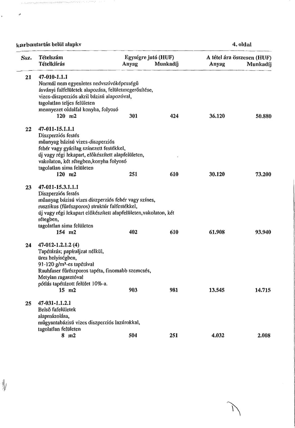 -1.1.1 Normál nem egyenletes nedvszívóképességíí ásványi falfelületek alapozása, felületmegerősítése, vizes-diszperziós akril bázisú alapozóval, tagolatlan teljes felületen mennyezet oldalfal konyha,