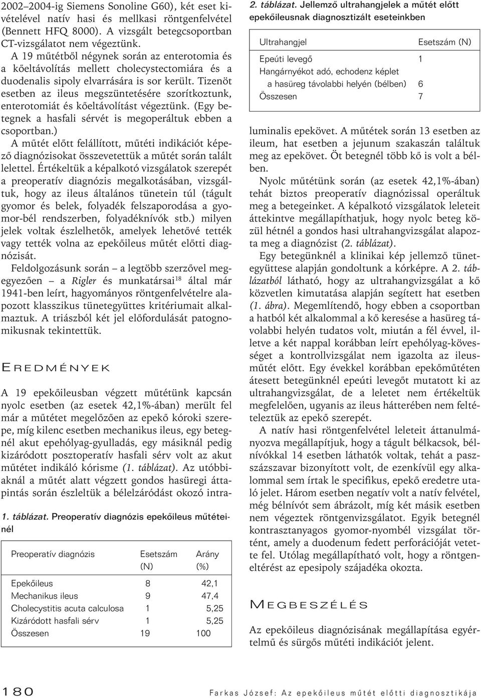 Tizenöt esetben az ileus megszüntetésére szorítkoztunk, enterotomiát és kôeltávolítást végeztünk. (Egy betegnek a hasfali sérvét is megoperáltuk ebben a csoportban.