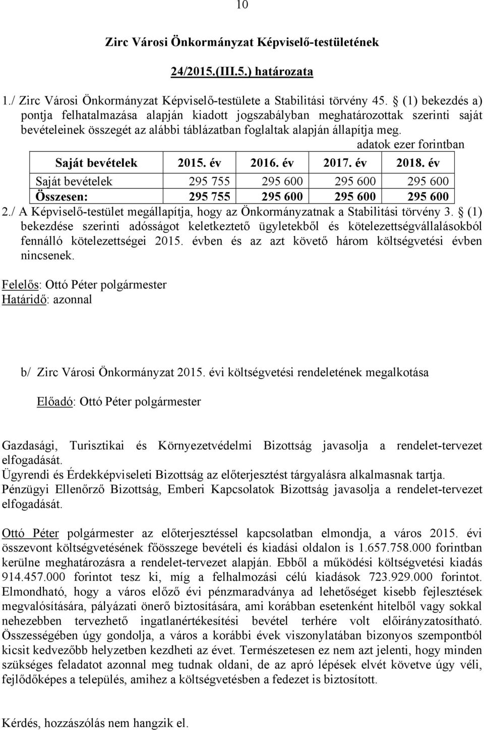 adatok ezer forintban Saját bevételek 2015. év 2016. év 2017. év 2018. év Saját bevételek 295 755 295 600 295 600 295 600 Összesen: 295 755 295 600 295 600 295 600 2.