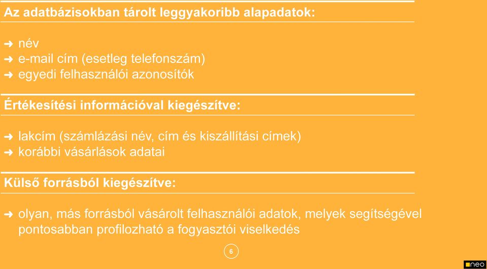 kiszállítási címek) korábbi vásárlások adatai Külső forrásból kiegészítve: olyan, más forrásból