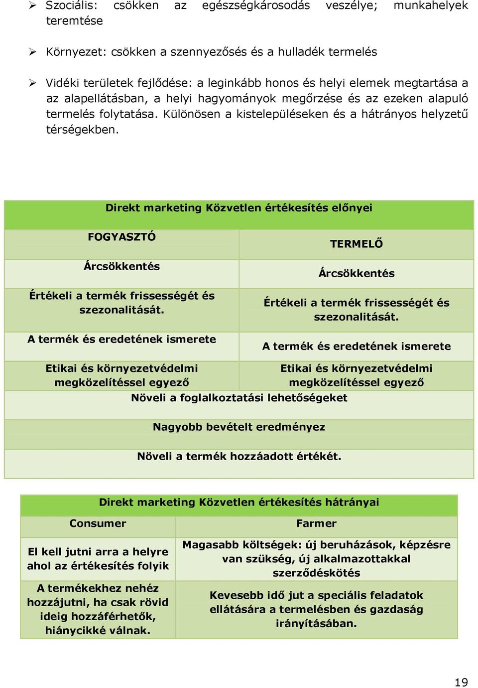 Direkt marketing Közvetlen értékesítés elınyei FOGYASZTÓ Árcsökkentés Értékeli a termék frissességét és szezonalitását.