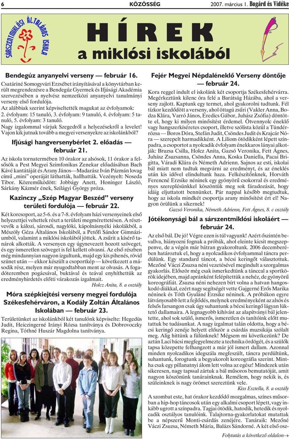 Az alábbiak szerint képviseltették magukat az évfolyamok: 2. évfolyam: 15 tanuló, 3. évfolyam: 9 tanuló, 4. évfolyam: 5 tanuló, 5. évfolyam: 3 tanuló.