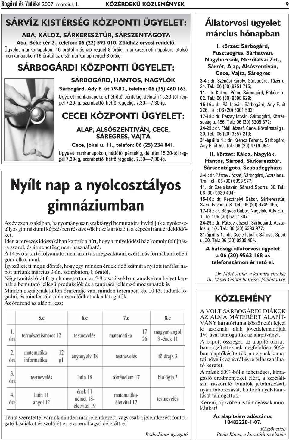 SÁRBOGÁRDI KÖZPONTI ÜGYELET: SÁRBOGÁRD, HANTOS, NAGYLÓK Sárbogárd, Ady E. út 79-83., telefon: 06 (25) 460 163. Ügyelet munkanapokon, hétfõtõl péntekig, délután 15.30-tól reggel 7.