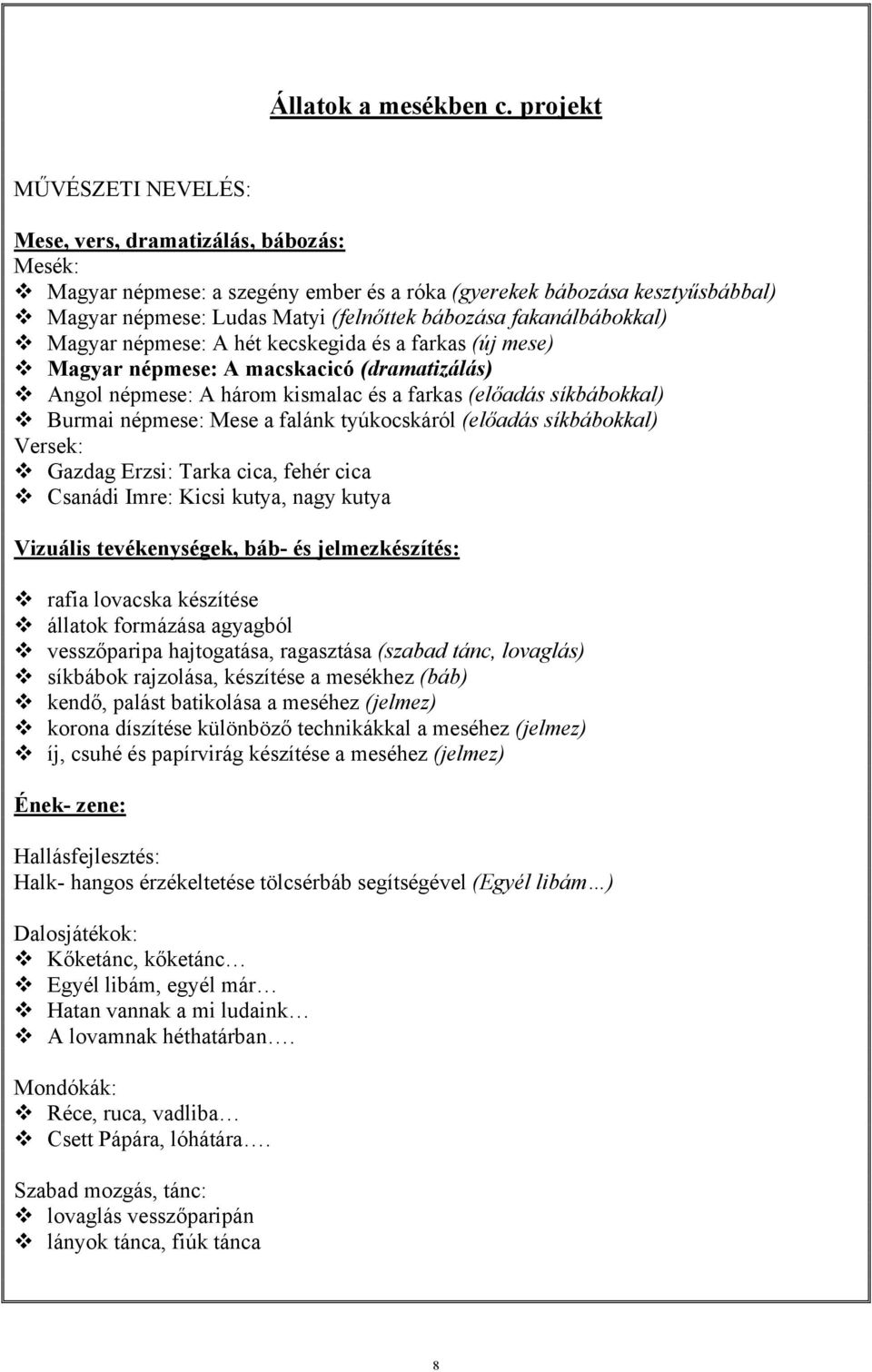 fakanálbábokkal) Magyar népmese: A hét kecskegida és a farkas (új mese) Magyar népmese: A macskacicó (dramatizálás) Angol népmese: A három kismalac és a farkas (előadás síkbábokkal) Burmai népmese: