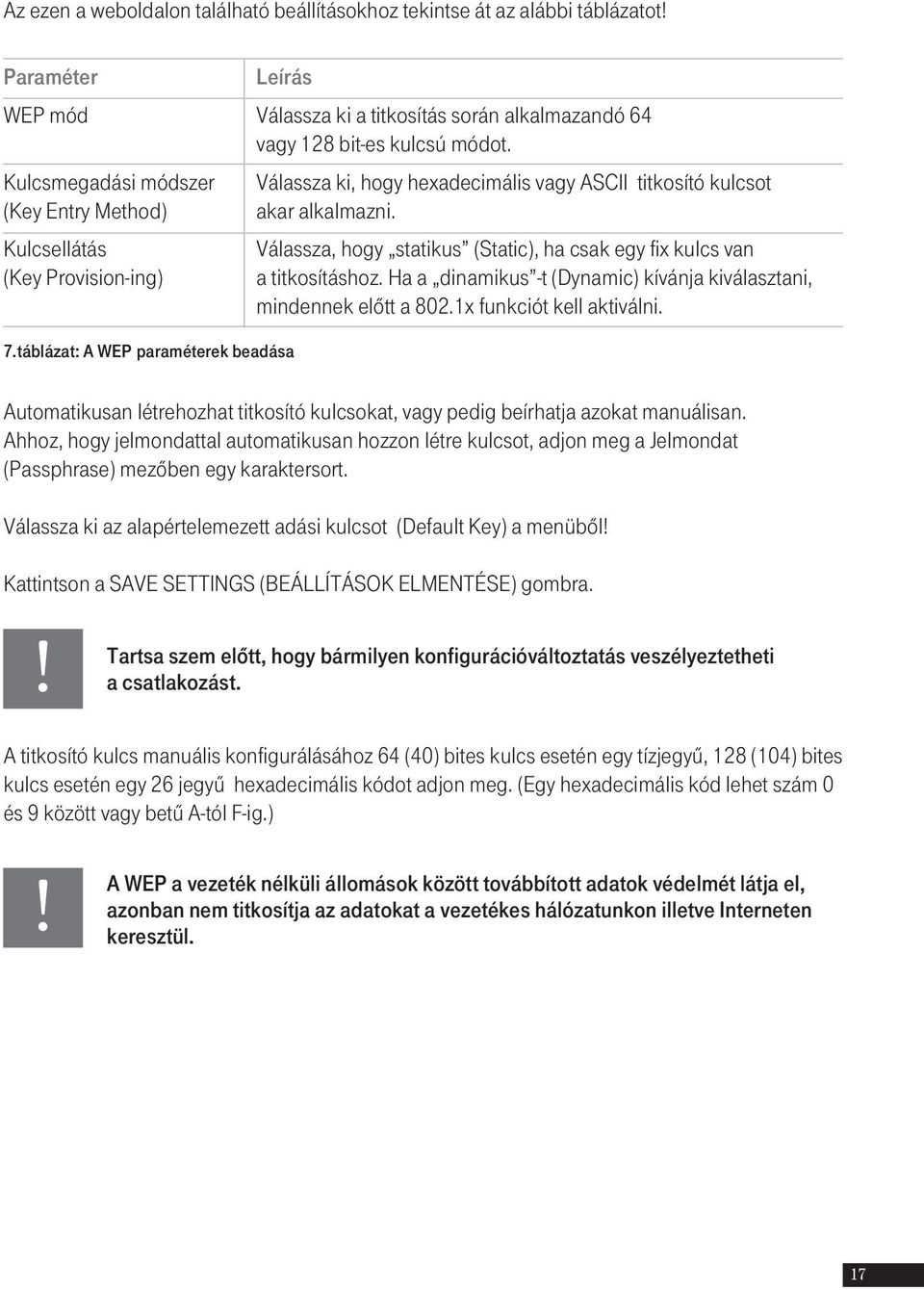 Kulcsellátás Válassza, hogy statikus (Static), ha csak egy fix kulcs van (Key Provision-ing) a titkosításhoz. Ha a dinamikus -t (Dynamic) kívánja kiválasztani, mindennek elôtt a 802.