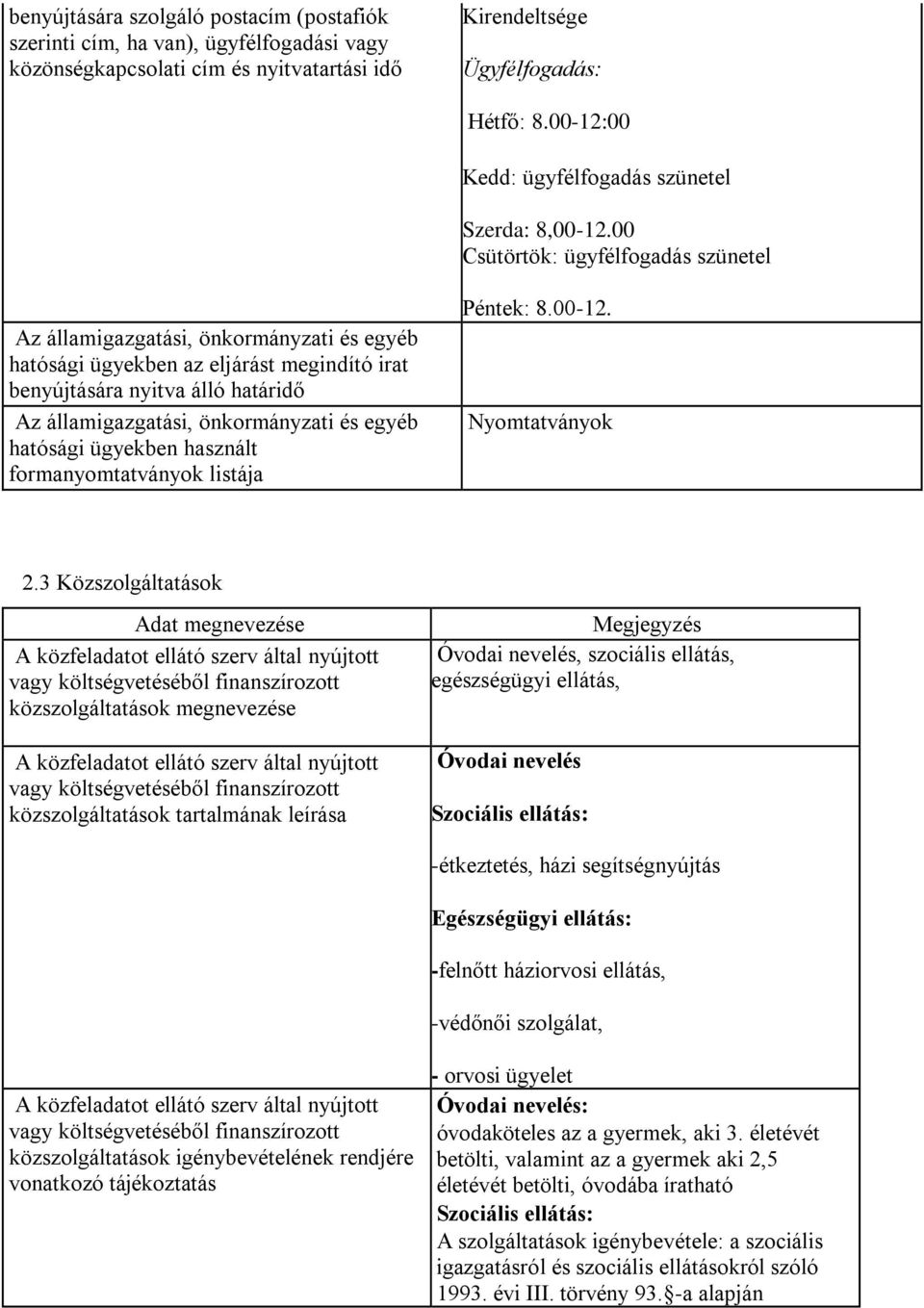 00 Csütörtök: ügyfélfogadás szünetel hatósági ügyekben az eljárást megindító irat benyújtására nyitva álló határidő hatósági ügyekben használt formanyomtatványok listája Péntek: 8.00-12.