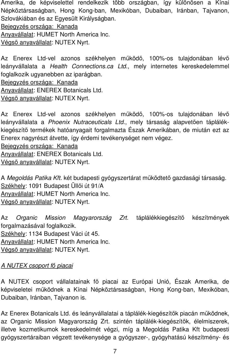 Az Enerex Ltd-vel azonos székhelyen működő, 100%-os tulajdonában lévő leányvállalata a Health Connections.ca Ltd., mely internetes kereskedelemmel foglalkozik ugyanebben az iparágban.