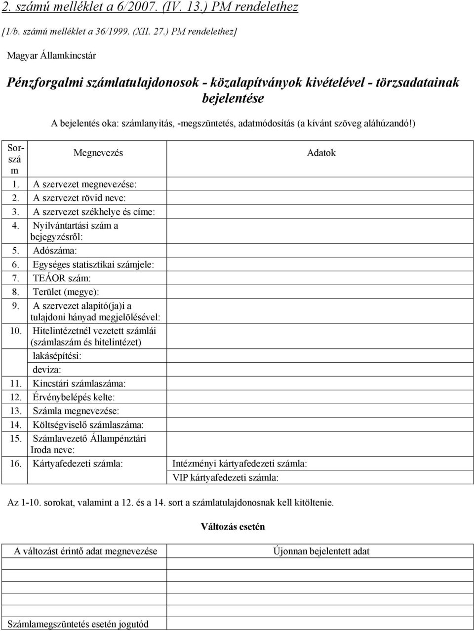 kívánt szöveg aláhúzandó!) Sorszá Megnevezés Adatok m 1. A szervezet megnevezése: 2. A szervezet rövid neve: 3. A szervezet székhelye és címe: 4. Nyilvántartási szám a bejegyzésről: 5. Adószáma: 6.