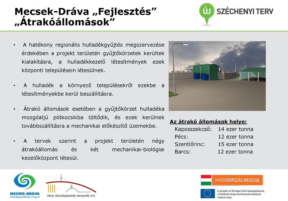 Átrakó állomások esetében a gyűjtőkörzet hulladéka mozgóaljú pótkocsikba töltődik, és ezek kerülnek továbbszállításra a mechanikai előkészítő üzemekbe.