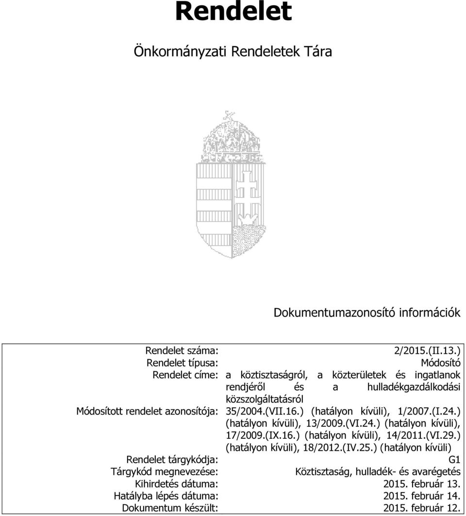 azonosítója: 35/2004.(VII.16.) (hatályon kívüli), 1/2007.(I.24.) (hatályon kívüli), 13/2009.(VI.24.) (hatályon kívüli), 17/2009.(IX.16.) (hatályon kívüli), 14/2011.(VI.29.