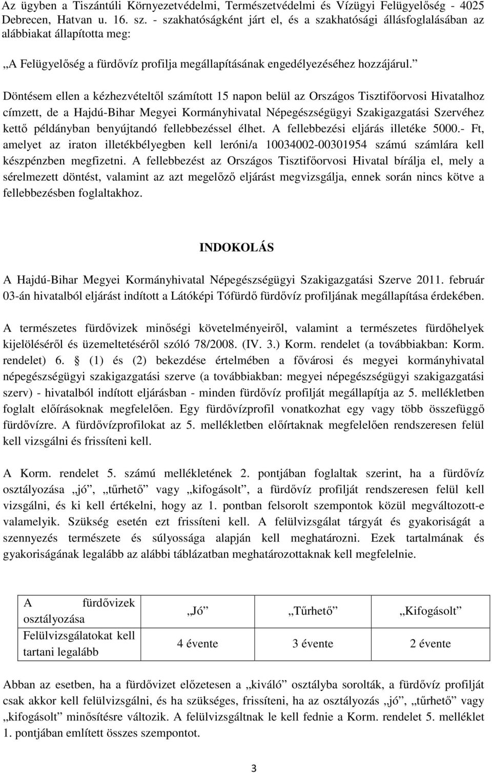 Döntésem ellen a kézhezvételtől számított 15 napon belül az Országos Tisztifőorvosi Hivatalhoz címzett, de a Hajdú-Bihar Megyei Kormányhivatal Népegészségügyi Szakigazgatási Szervéhez kettő