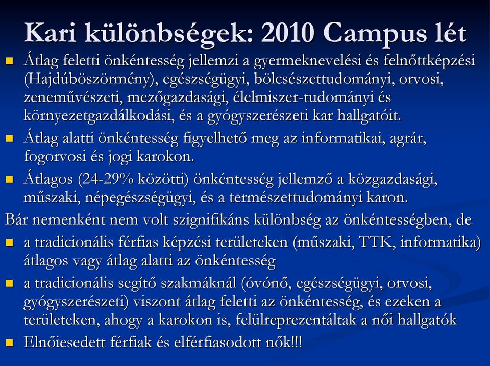 Átlagos (24-29% közötti) önkéntesség jellemző a közgazdasági, műszaki, népegészségügyi, és a természettudományi karon.