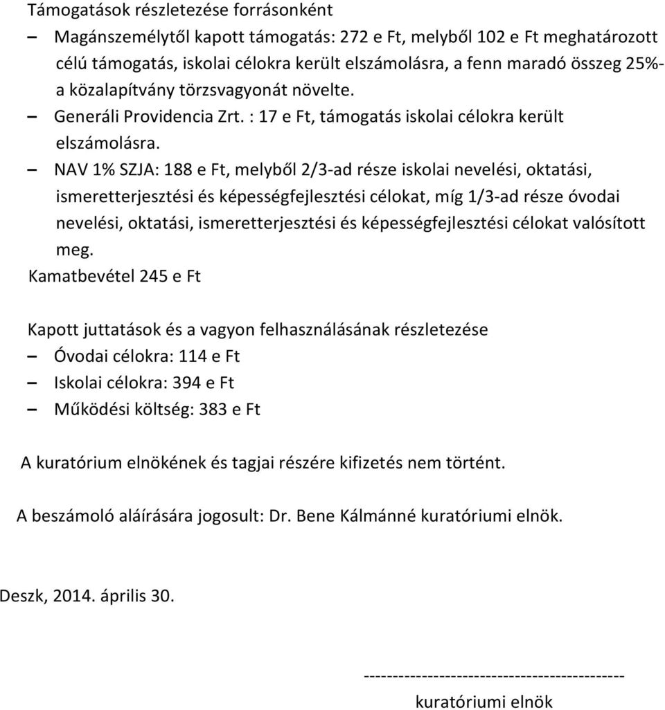 NAV 1% SZJA: 188 e Ft, melyből 2/3-ad része iskolai nevelési, oktatási, ismeretterjesztési és képességfejlesztési célokat, míg 1/3-ad része óvodai nevelési, oktatási, ismeretterjesztési és