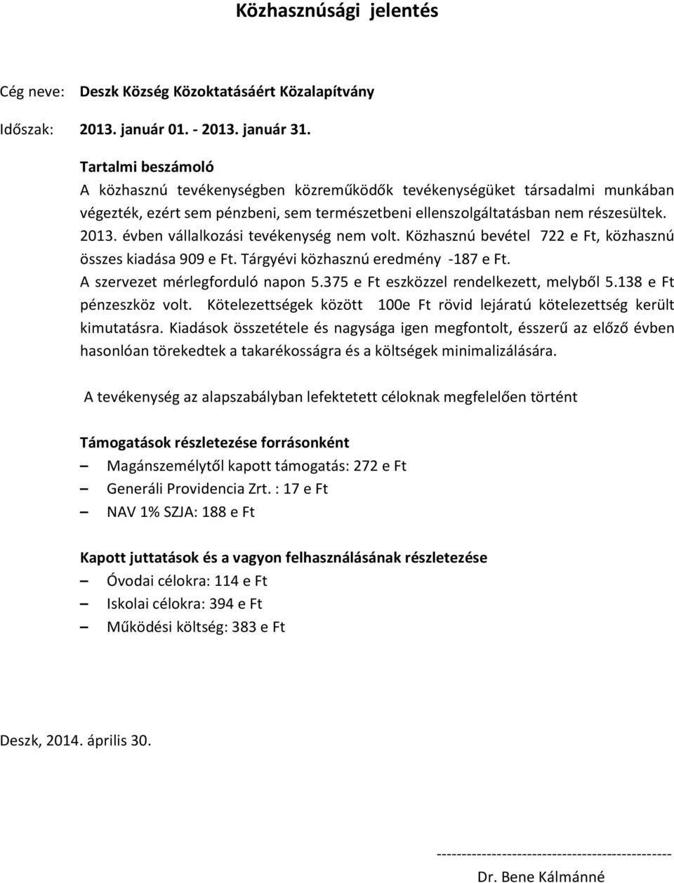 évben vállalkozási tevékenység nem volt. Közhasznú bevétel 722 e Ft, közhasznú összes kiadása 909 e Ft. Tárgyévi közhasznú eredmény -187 e Ft. A szervezet mérlegforduló napon 5.