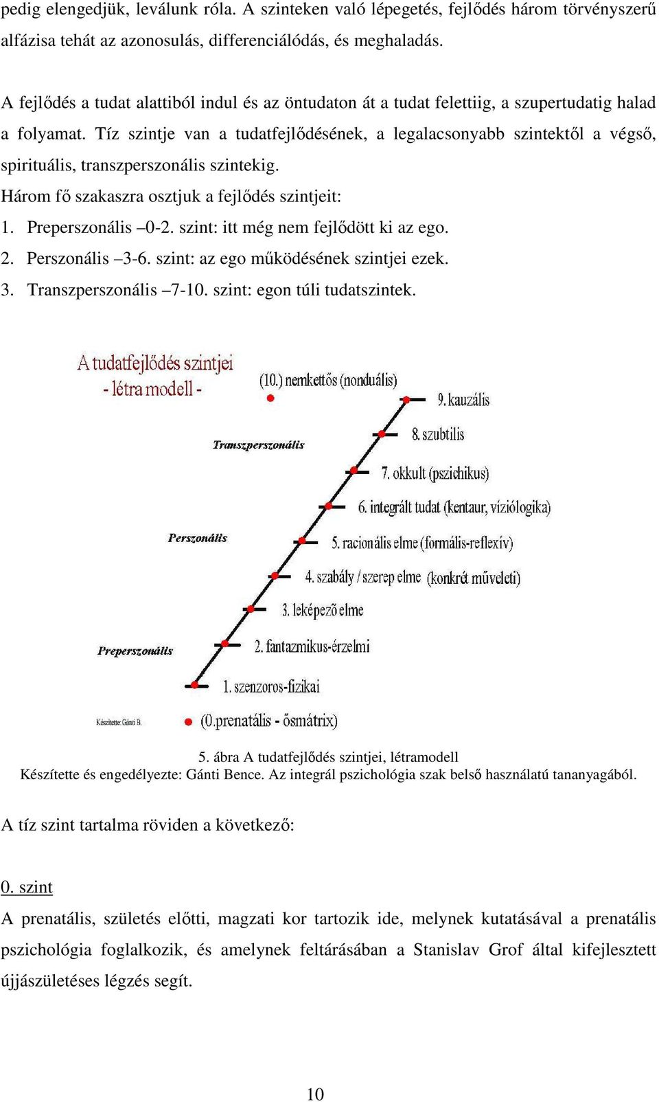 Tíz szintje van a tudatfejlıdésének, a legalacsonyabb szintektıl a végsı, spirituális, transzperszonális szintekig. Három fı szakaszra osztjuk a fejlıdés szintjeit: 1. Preperszonális 0-2.