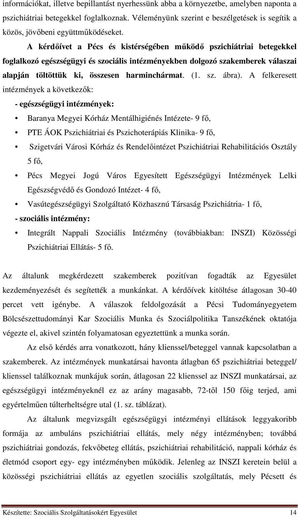 A kérdőívet a Pécs és kistérségében működő pszichiátriai betegekkel foglalkozó egészségügyi és szociális intézményekben dolgozó szakemberek válaszai alapján töltöttük ki, összesen harminchármat. (1.