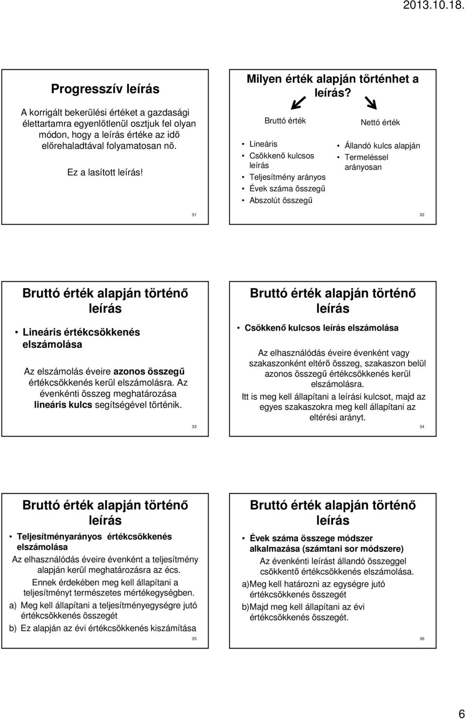 31 Bruttó érték Lineáris Csökkenı kulcsos leírás Teljesítmény arányos Évek száma összegő Abszolút összegő Nettó érték Állandó kulcs alapján Termeléssel arányosan 32 Bruttó érték alapján történı