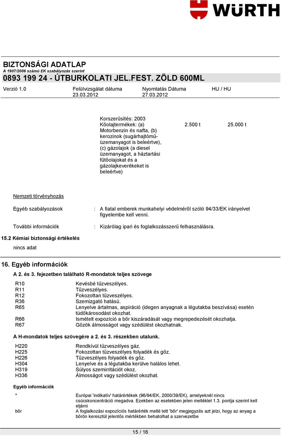 : Kizárólag ipari és foglalkozásszerű felhasználásra. 15.2 Kémiai biztonsági értékelés 16. Egyéb információk A 2. és 3.