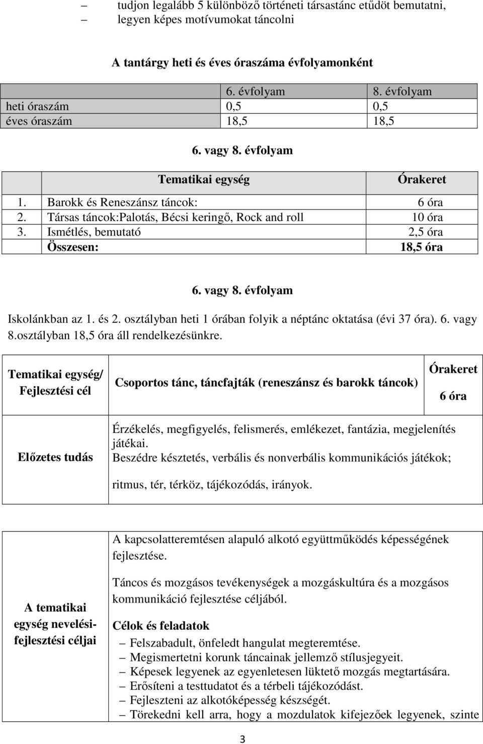 Társas táncok:palotás, Bécsi keringő, Rock and roll 10 óra 3. Ismétlés, bemutató 2,5 óra Összesen: 18,5 óra 6. vagy 8. évfolyam Iskolánkban az 1. és 2.