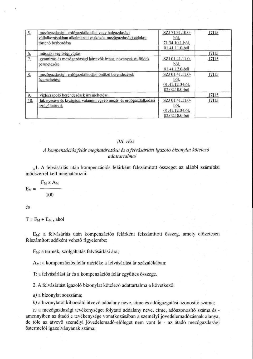 mezőgazdasági, erdőgazdálkodási öntöző berendezések SZJ 01.41.11.0-7 15 üzemeltetése b k 01.41.12.0-ból 02.02.10.0-ból 9. vízlecsapoló berendezések üzemeltetése 7 15 10.