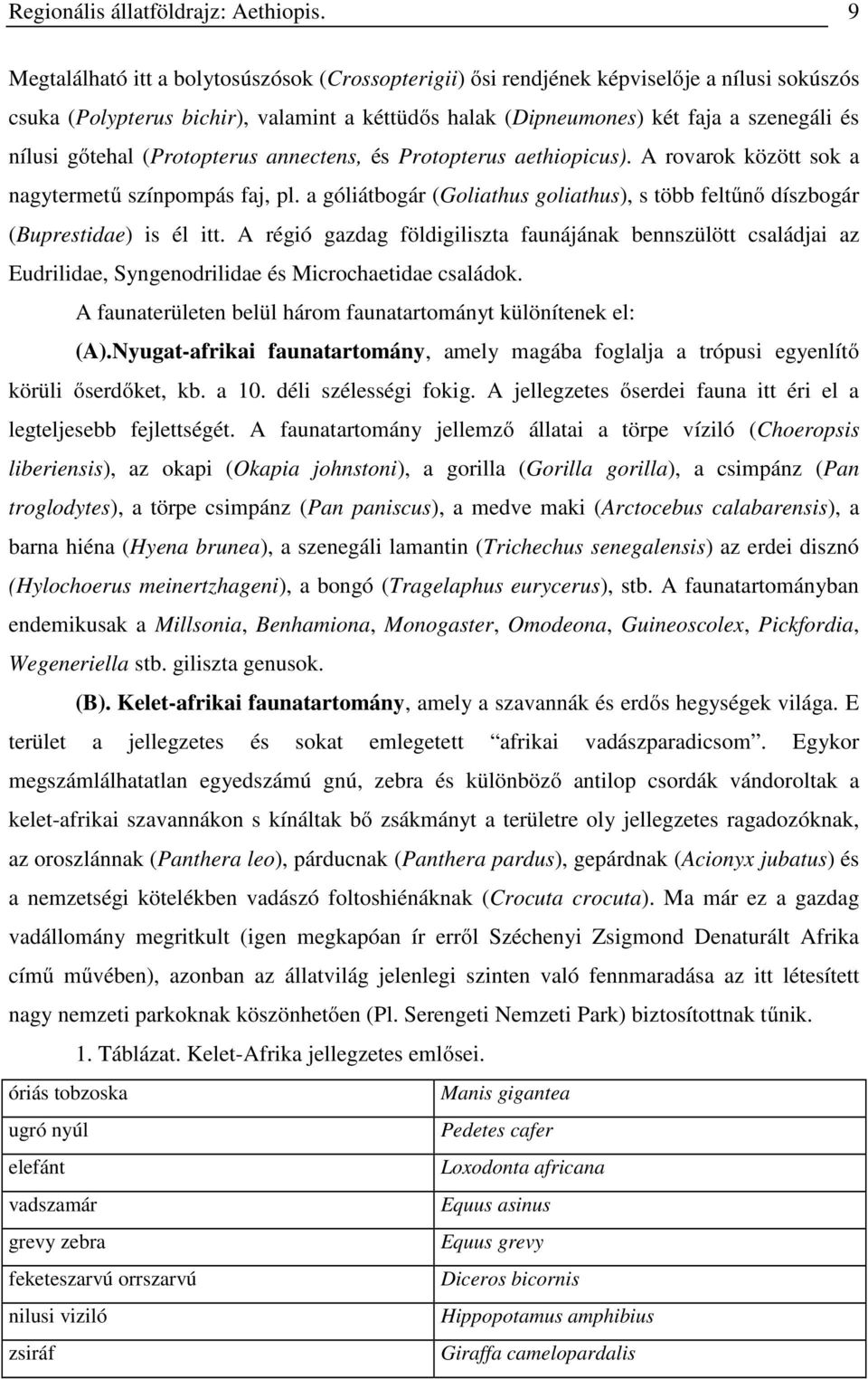 gőtehal (Protopterus annectens, és Protopterus aethiopicus). A rovarok között sok a nagytermetű színpompás faj, pl.