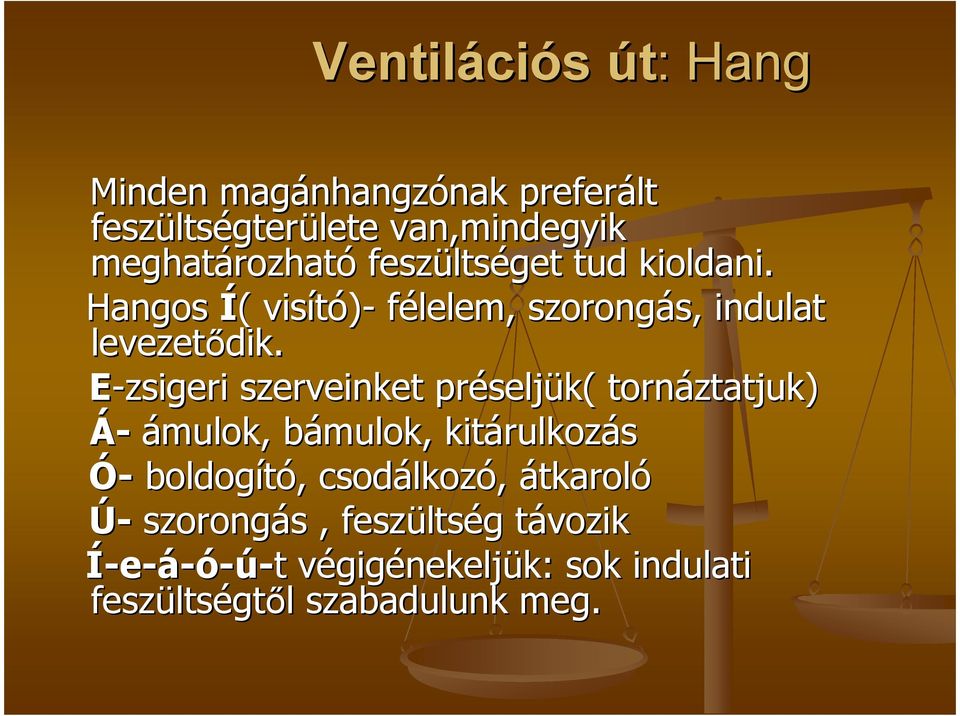 E-zsigeri szerveinket préselj seljük( tornáztatjuk) Á- ámulok, bámulok, b kitárulkoz rulkozás Ó- boldogító,, csodálkoz