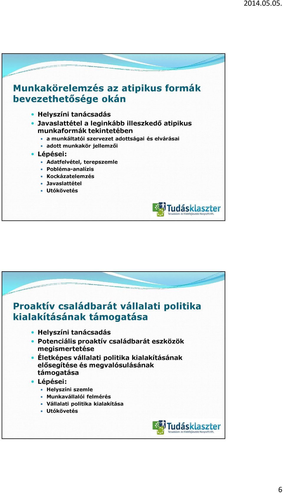 Utókövetés Proaktív családbarát vállalati politika kialakításának támogatása Helyszíni tanácsadás Potenciális proaktív családbarát eszközök megismertetése