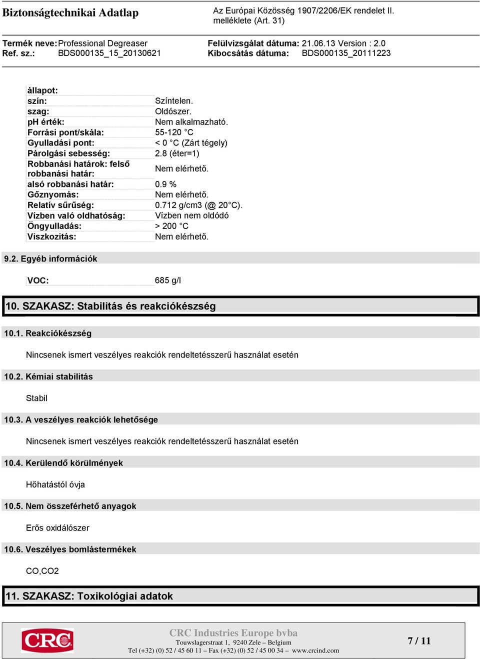 Vízben való oldhatóság: Vízben nem oldódó Öngyulladás: > 200 C Viszkozitás: Nem elérhető. 9.2. Egyéb információk VOC: 685 g/l 10