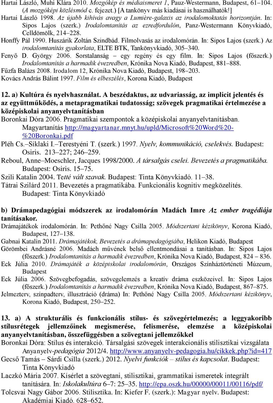 Huszárik Zoltán Szindbád. Filmolvasás az irodalomórán. In: Sipos Lajos (szerk.) Az irodalomtanítás gyakorlata, ELTE BTK, Tankönyvkiadó, 305 340. Fenyő D. György 2006.