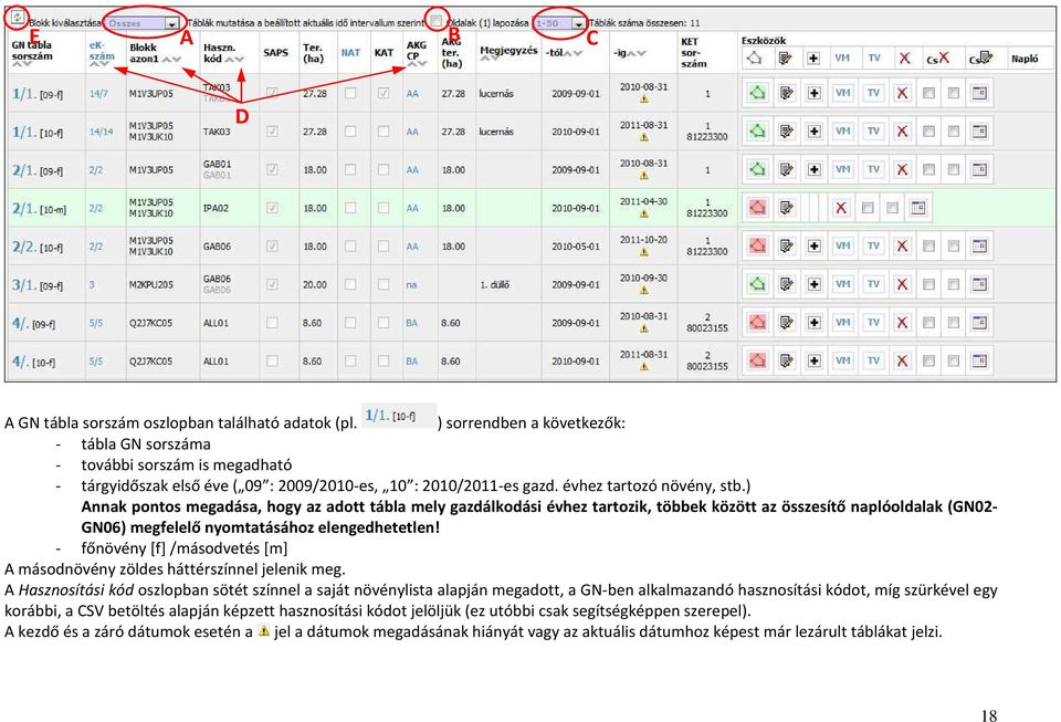 ) Annak pontos megadása, hogy az adott tábla mely gazdálkodási évhez tartozik, többek között az összesítő naplóoldalak (GN02- GN06) megfelelő nyomtatásához elengedhetetlen!