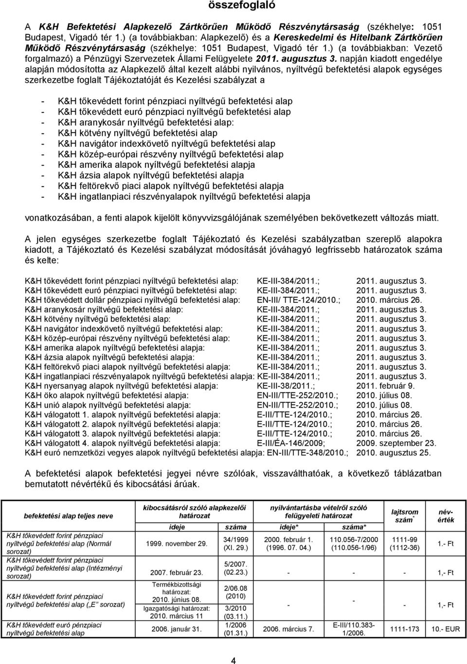 ) (a továbbiakban: Vezető forgalmazó) a Pénzügyi Szervezetek Állami Felügyelete 2011. augusztus 3.