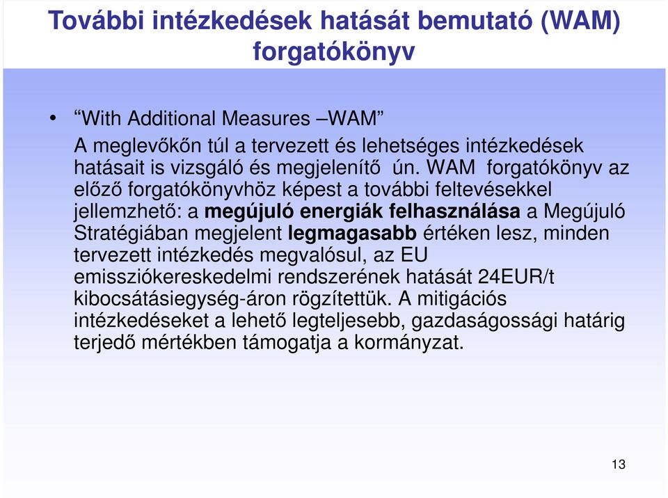 WAM forgatókönyv az előző forgatókönyvhöz képest a további feltevésekkel jellemzhető: a megújuló energiák felhasználása a Megújuló Stratégiában