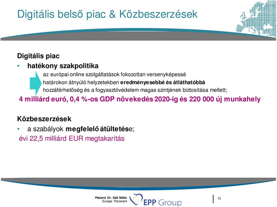 fogyasztóvédelem magas szintjének biztosítása mellett; 4 milliárd euró, 0,4 %-os GDP növekedés 2020-ig és 220