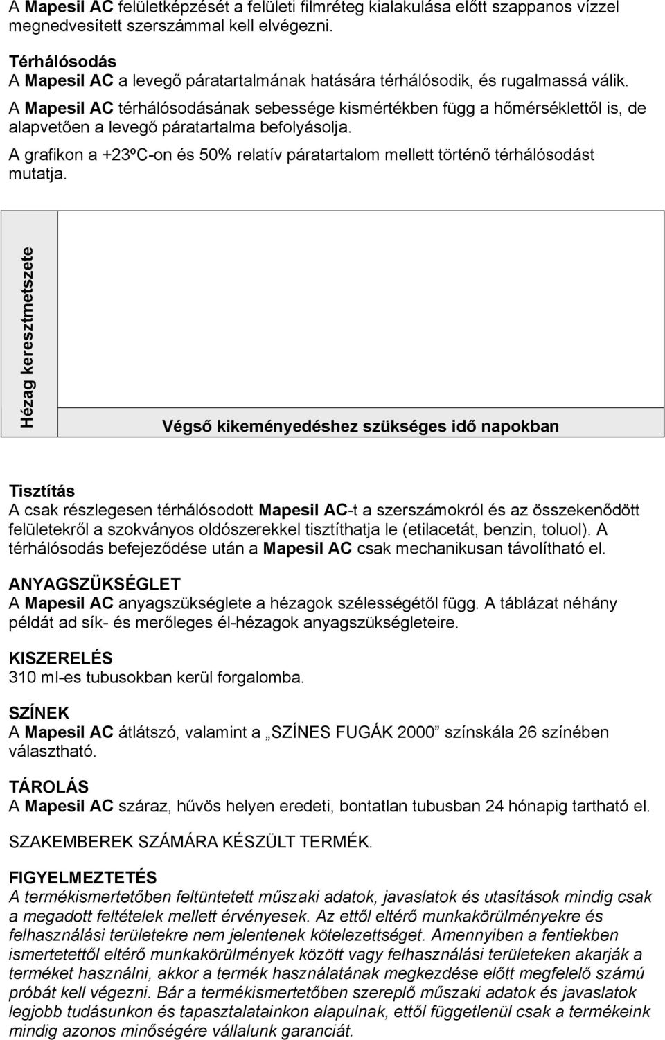 A Mapesil AC térhálósodásának sebessége kismértékben függ a hőmérséklettől is, de alapvetően a levegő páratartalma befolyásolja.