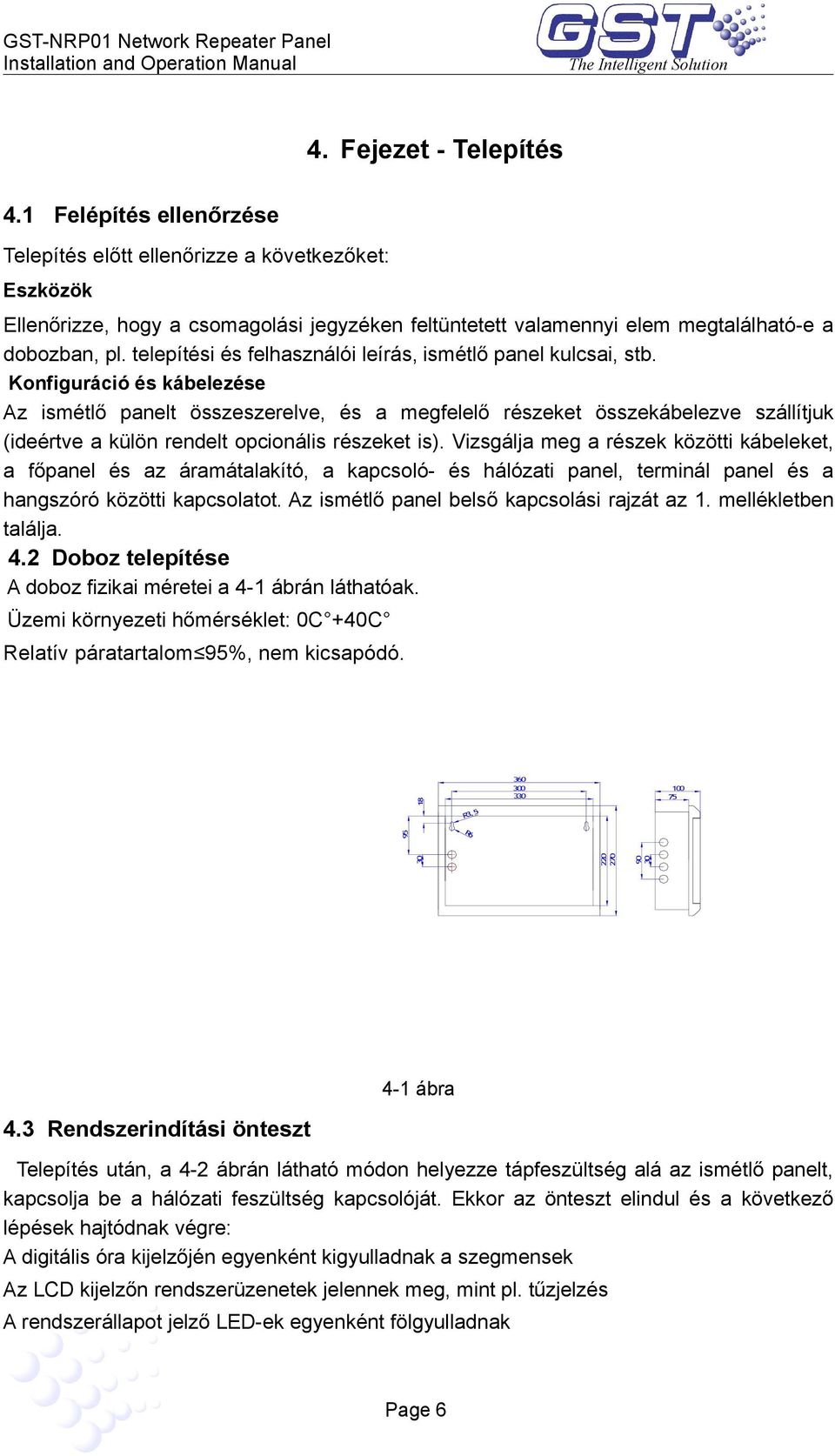 telepítési és felhasználói leírás, ismétlő panel kulcsai, stb.