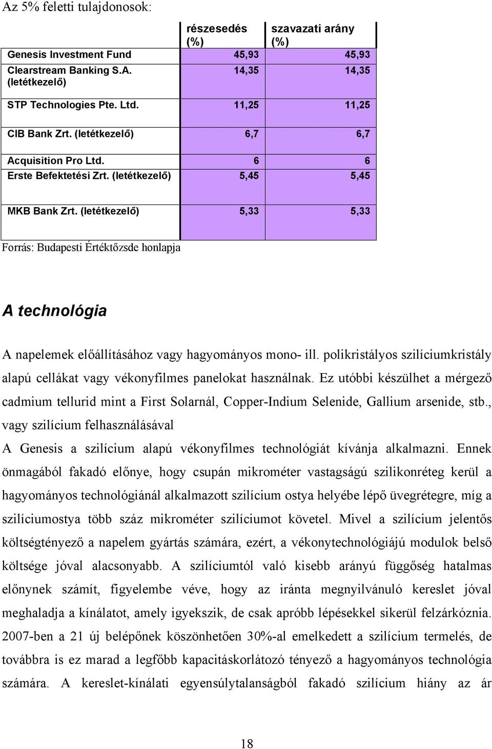 (letétkezelő) 5,33 5,33 Forrás: Budapesti Értéktőzsde honlapja A technológia A napelemek előállításához vagy hagyományos mono- ill.