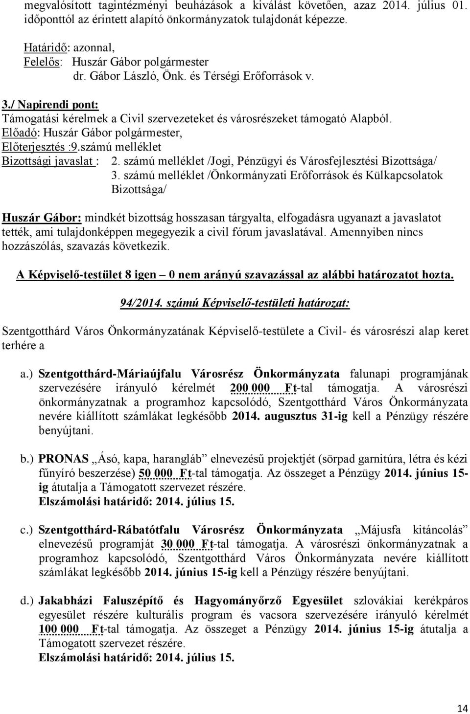 Előterjesztés :9.számú melléklet Huszár Gábor: mindkét bizottság hosszasan tárgyalta, elfogadásra ugyanazt a javaslatot tették, ami tulajdonképpen megegyezik a civil fórum javaslatával.