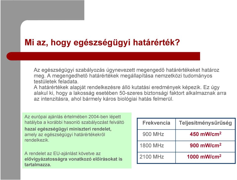 Ez úgy alakul ki, hogy a lakosság esetében 50-szeres biztonsági faktort alkalmaznak arra az intenzitásra, ahol bármely káros biológiai hatás felmerül.