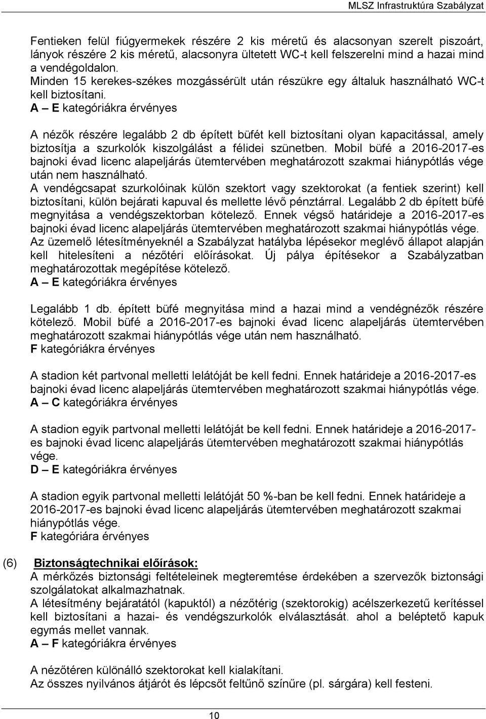 A E kategóriákra érvényes A nézők részére legalább 2 db épített büfét kell biztosítani olyan kapacitással, amely biztosítja a szurkolók kiszolgálást a félidei szünetben.