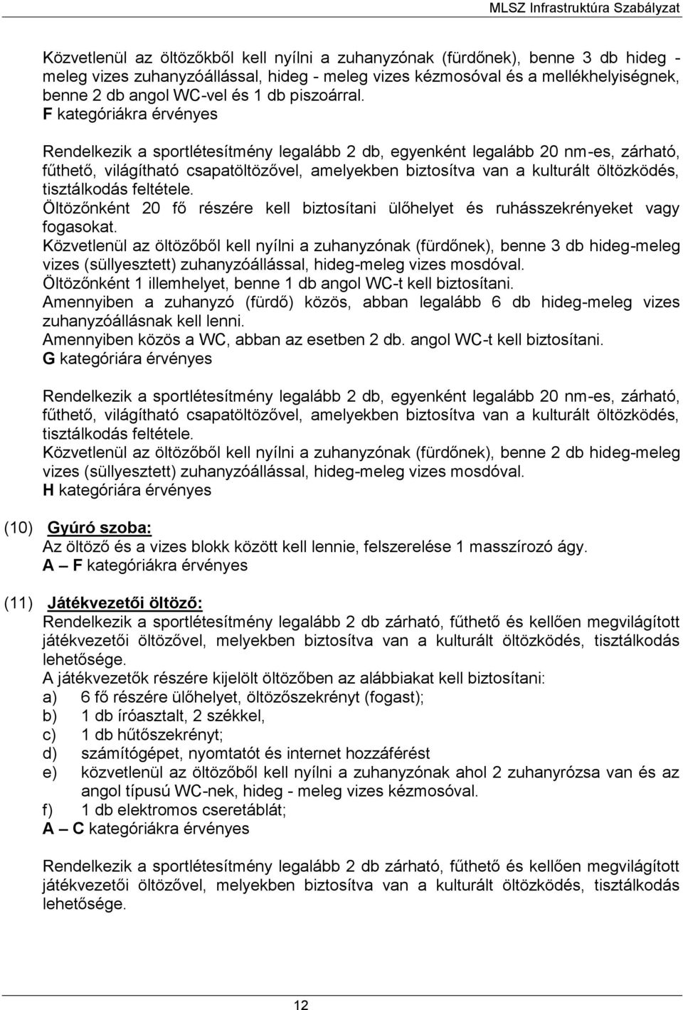 F kategóriákra érvényes Rendelkezik a sportlétesítmény legalább 2 db, egyenként legalább 20 nm-es, zárható, fűthető, világítható csapatöltözővel, amelyekben biztosítva van a kulturált öltözködés,